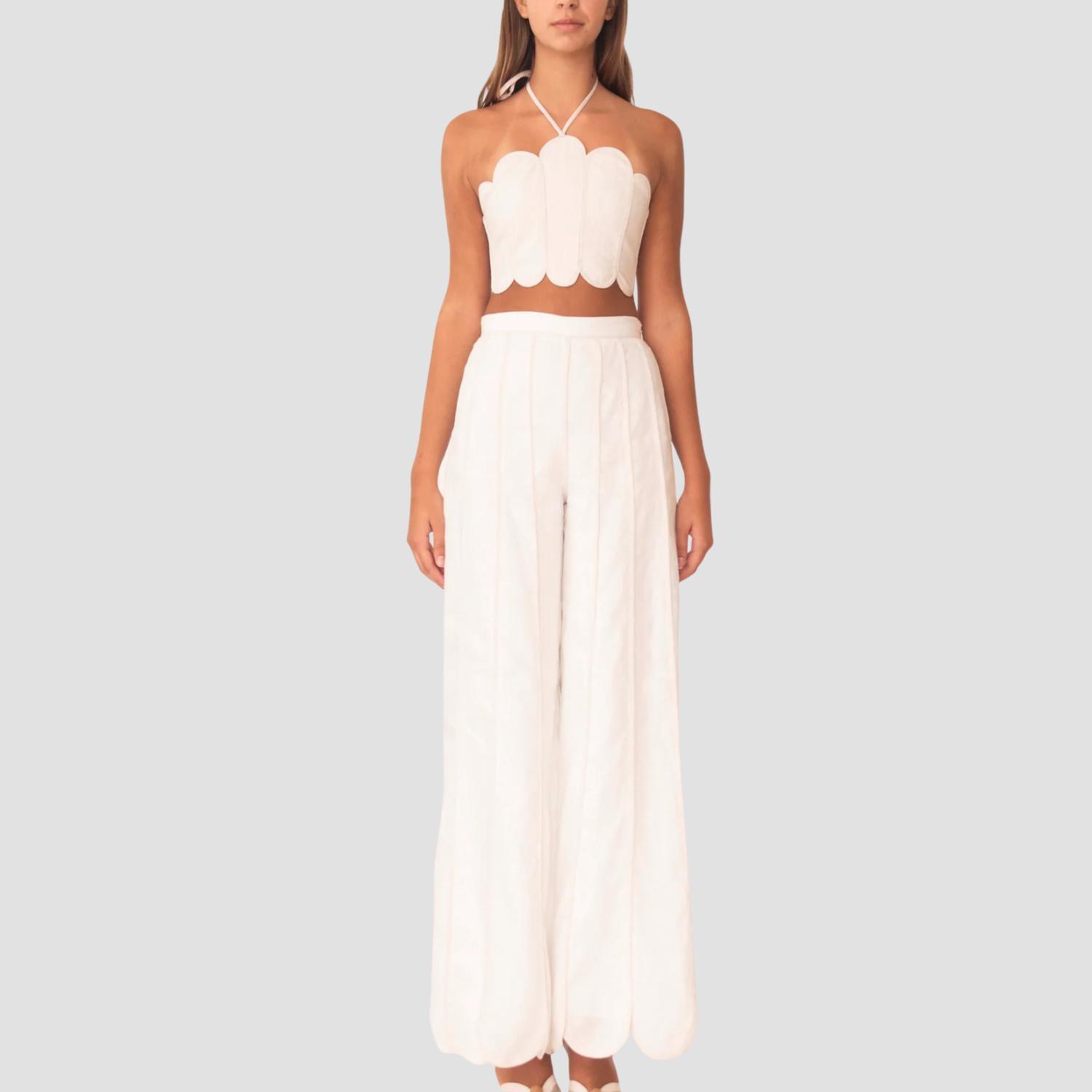 New Azulu Coconut Scalloped Wide Leg Pant In Ivory